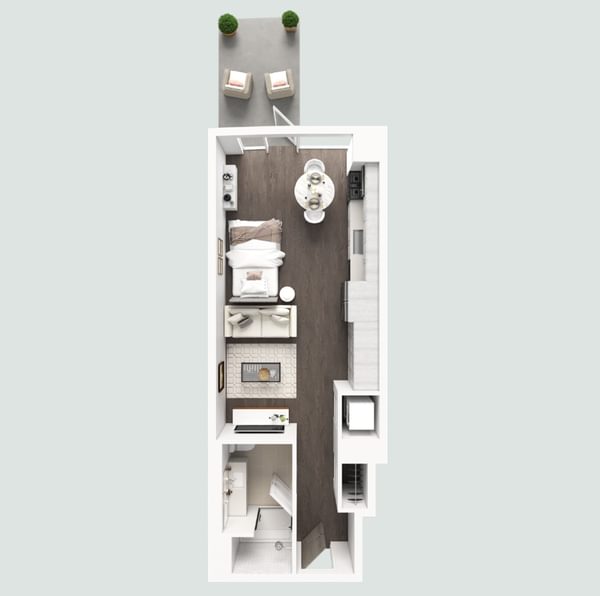A Willow Creek Park apartment floor plan with a kitchen, living room, and bathroom.