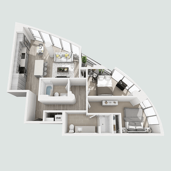 A Willow Bridge advertisement for a 2 bedroom, 2 bath apartment at The Parker.